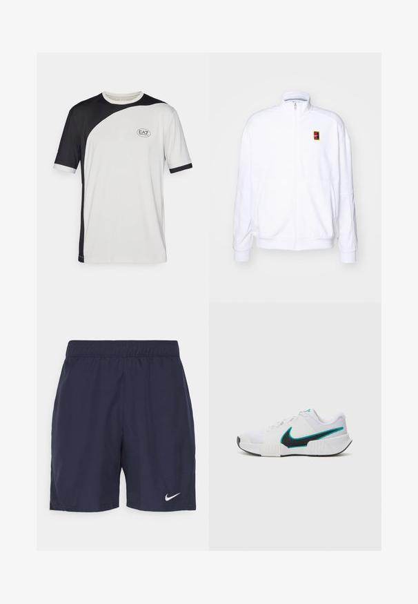 Balts ar rāvējslēdzēju džemperis, izgatavots no mīkstas auduma, ar augsto kaklu un mazu daudzkrāsainu Nike logotipu kreisajā krūtī.; T-krekls ar īsām piedurknēm, kas izceļas ar melnbaltu krāsu bloku dizainu, izgatavots no viegla auduma. Uz krūtīm ir EA7 logo.; Jūras spēku sporta šorti, kas izgatavoti no viegla auduma, ar elastīgu jostasvietu un mazu baltu Nike logotipu uz kreisā kājstarpe.; Baltas sporta apavu modelis ar teksturētu sieta augšdaļu, melnu gumijas zoli un tīkkoka Nike swoosh akcentu. Ar pīkstienēm un mīkstu apkaklīti.