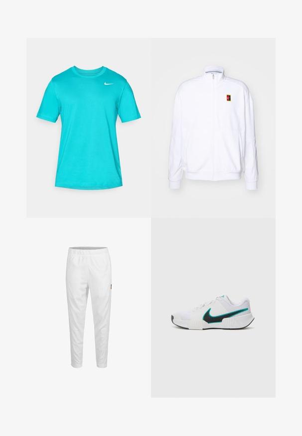 Fehér zipzáras kapucnis pulóver, puha anyagból készült, magas nyakkal és egy kis, színes Nike logóval a bal mellrészen.; Türkiz színű, rövid ujjú póló sima anyagból. Kerek nyakú, és a bal felső részen egy kis fehér Nike logó található.; Fehér sportnadrág rugalmas derekkal, szűkített lábakkal és egy kis logóval az oldalon. Simább és könnyű anyag.; Fehér sportcipő, texturált hálós felsőrésszel, fekete gumi talppal és türkiz Nike pipa akcentussal. Fűzős, párnázott bokarésszel rendelkezik.