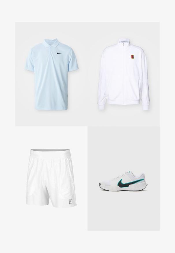 Baltas zip-up džemperis, pagamintas iš minkštos medžiagos, su aukštu kaklu ir mažuoju daugiaspalviu Nike logo kairiajame krūtinės šone.; Šviesiai mėlynas polo marškinėliai, pagaminti iš lygios medžiagos, su juodu Nike logo ant krūtinės, trijų mygtukų apykakle ir trumpomis rankovėmis.; Balti sportiniai šortai, pagaminti iš lengvos medžiagos, su elastinga juosta, su dviem šoninėmis kišenėmis ir mažu juodu logotipu ant apatinio krašto.; Balti sportiniai batai su tekstūruotu tinkliniu paviršiumi, juodu guminėmis padais ir mėlyna Nike ženklu. Yra raiščiai ir paminkštinta apykaklė.