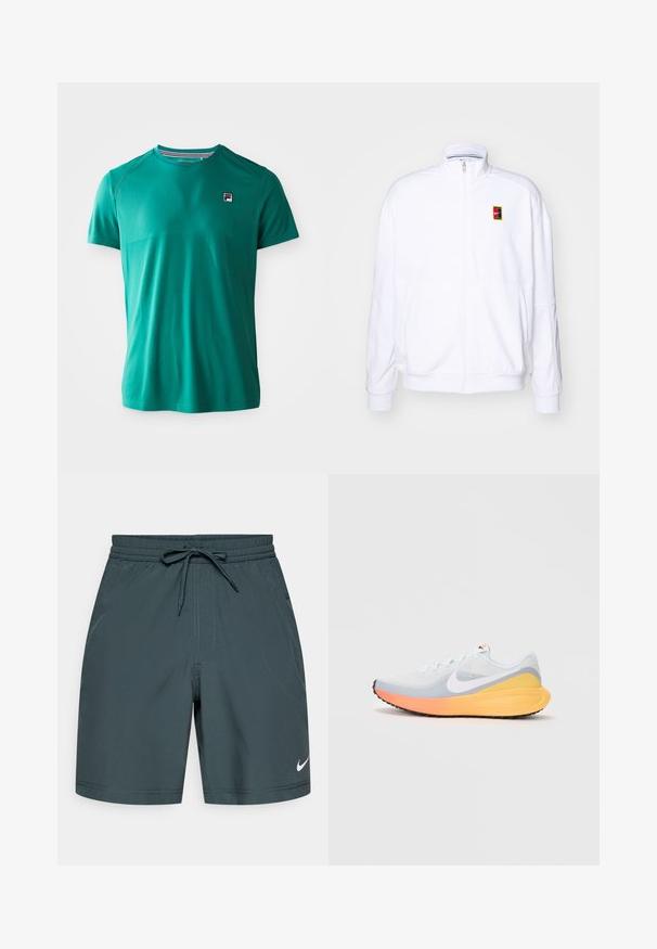 Sweatshirt branco com fecho zíper, feito de um tecido macio, com um gola alta e um pequeno logótipo multicolorido da Nike no lado esquerdo do peito.; T-shirt atlético de manga curta na cor verde-água com gola redonda e pequeno logotipo FILA no lado esquerdo do peito, exibido sobre um fundo branco liso.; Calções de atletismo masculinos, feitos de um tecido leve verde escuro, com uma cintura elástica e cordão e um pequeno logótipo branco.; Sapatilha de corrida azul clara com um upper de malha respirável. Apresenta um swoosh branco, entressola laranja e amarela, e sola preta para tração.