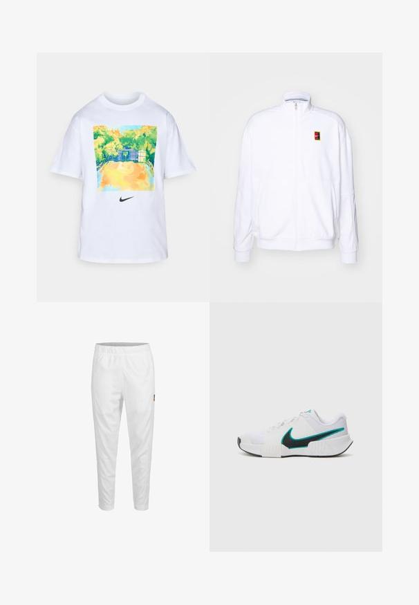 Bela zip-up dukserica iz mehkega materiala, s visokim ovratnikom in majhnim večbarvnim Nike logotipom na levem prsnem delu.; Bela bombažna majica s pisanimi grafičnimi prikazi košarkarskega igrišča v zelenih in rumenih odtenkih, s malim črnim logotipom Nike pod dizajnom.; Bele športne hlače bele barve z elastičnim pasom, zoženimi nogami in majhnim logotipom na strani. Gladek in lahek material.; Bela športna copata z teksturiranim mrežastim zgornjim delom, črnimi gumijastimi podplati in teal Nike simbolom kot poudarkom. Ima vezalke in oblazinjen ovratnik.
