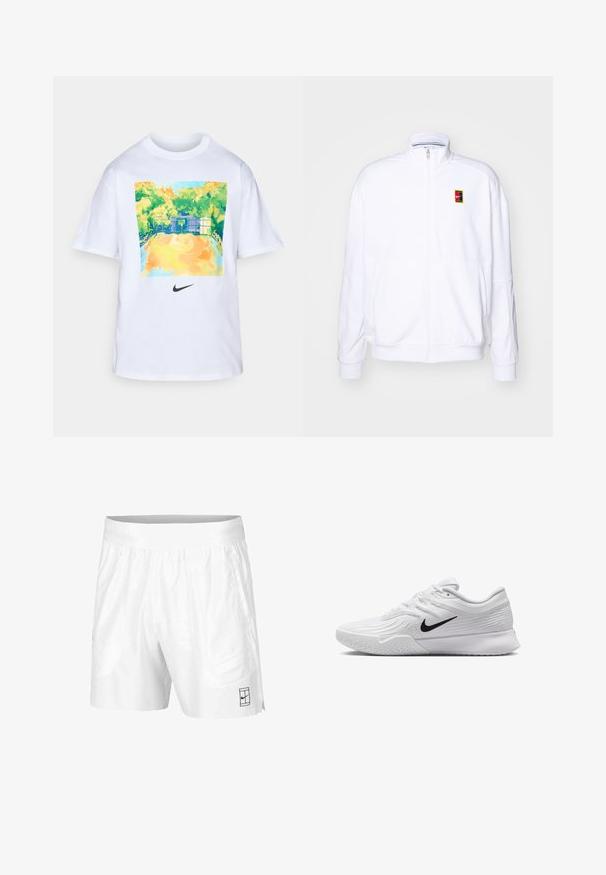 Witte ritsvest gemaakt van zachte stof, met een hoge kraag en een klein meerkleurig Nike-logo op de linkerborst.; Witte katoenen t-shirt met een kleurrijke grafiek van een basketbalveld in groen en geel, met een klein zwart Nike-logo onder het ontwerp.; Witte sportshorts gemaakt van lichtgewicht stof met een elastische tailleband, voorzien van twee zijzakken en een klein zwart logo op de zoom.; Witte sportieve schoen met textuur in het mesh bovenwerk, zwarte Nike swoosh, gevoerde kraag en rubberen zool met een profielpatroon.
