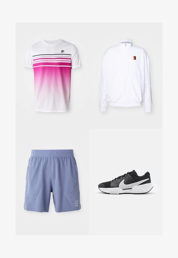 Sweatshirt branco com fecho zíper, feito de um tecido macio, com um gola alta e um pequeno logótipo multicolorido da Nike no lado esquerdo do peito.; T-shirt branca de manga curta com um design em ombre rosa, riscas horizontais em rosa escuro e azul marinho, e um pequeno logotipo preto no peito.; Calções de desporto azul claro com um cós elástico, dois bolsos laterais e um pequeno logótipo branco na parte inferior frontal direita. Textura suave.; Sapatos atléticos pretos com um cabedal texturizado, logótipo swoosh branco, calcanhar acolchoado e uma sola branca em contraste com um padrão em zigzag.