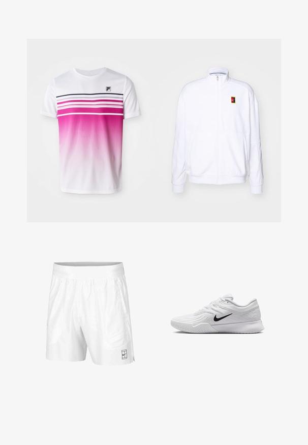 White zip-up sweatshirt made of soft fabric, featuring a high neck and a small multicolored Nike logo on the left chest.; White short-sleeve t-shirt featuring pink ombre design, horizontal stripes in dark pink and navy, and a small black logo on the chest.; White athletic shorts made of lightweight fabric with an elastic waistband, featuring two side pockets and a small black logo on the hem.; White athletic shoe with textured mesh upper, black Nike swoosh, padded collar, and rubber outsole with a tread pattern.