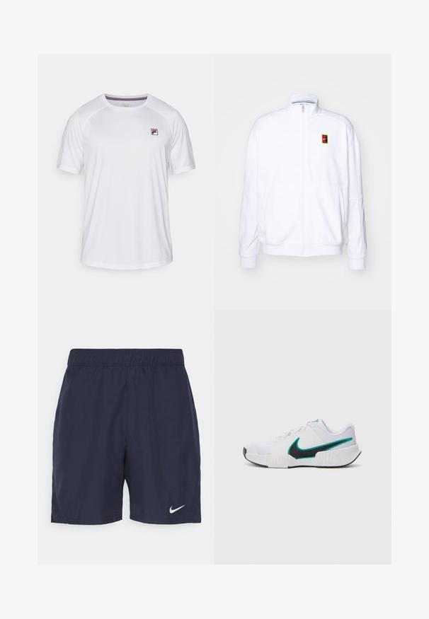 Bela zip-up dukserica iz mehkega materiala, s visokim ovratnikom in majhnim večbarvnim Nike logotipom na levem prsnem delu.; Bela atletska majica s kratkimi rokavi, okroglo izrezano ovratnikom in majhnim pravokotnim logotipom Fila v rdeči, modri in črni barvi na zgornjem levem prsnem delu.; Morske športne kratke hlače iz lahkega materiala, s elastičnim pasom in majhnim belim Nike logotipom na levi nogi.; Bela športna copata z teksturiranim mrežastim zgornjim delom, črnimi gumijastimi podplati in teal Nike simbolom kot poudarkom. Ima vezalke in oblazinjen ovratnik.
