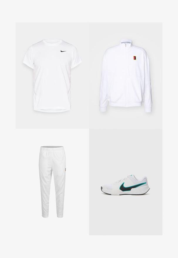 Sweatshirt branco com fecho zíper, feito de um tecido macio, com um gola alta e um pequeno logótipo multicolorido da Nike no lado esquerdo do peito.; T-shirt Nike de manga curta branca, feita de material sintético suave, com um logo preto no lado esquerdo do peito.; Calças desportivas brancas com cintura elástica, pernas ajustadas e um pequeno detalhe de logótipo na lateral. Tecido liso e leve.; Tênis atlético branco com parte superior em malha texturizada, solado de borracha preta e detalhe em swoosh Nike teal. Apresenta cadarços e colarinho acolchoado.