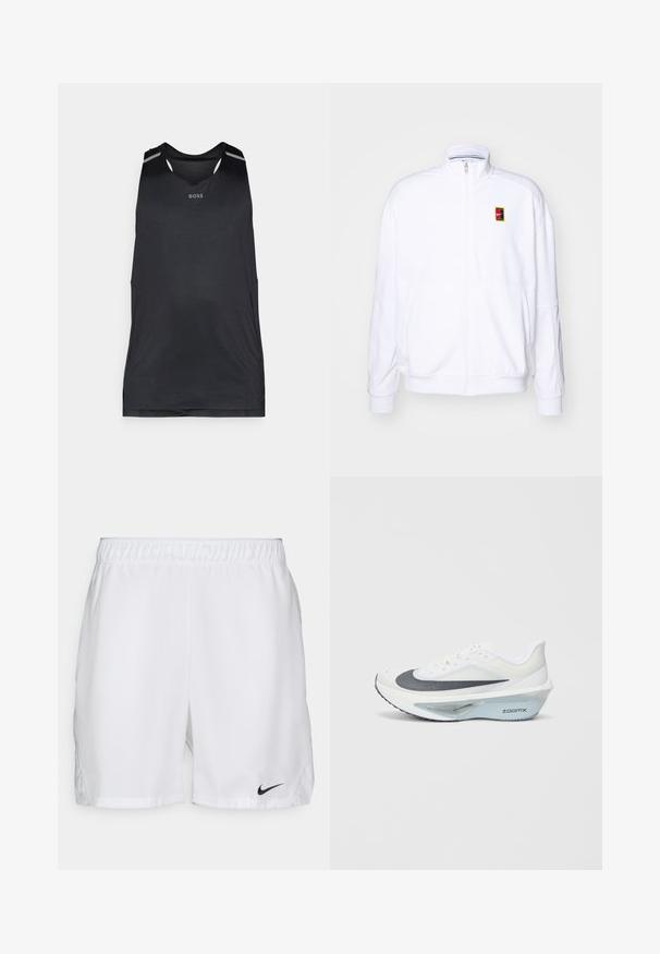 Bijela dukserica na zip, napravljena od mekog materijala, sa visokim ovratnikom i malim višebojnim Nike logom na lijevoj strani grudi.; Crni atletski top bez rukava od lagane tkanine, s okruglim izrezom, perforiranom teksturom i toniranim naglascima na ramenima.; Bijele atletske kratke hlače s elastičnim pojasom, s crnim Nike swoosh logotipom na donjoj lijevoj strani. Glatka tkanina bez uzoraka.; Bijela atletska tenisica s gornjim dijelom od sive mrežice, plavim ZoomX pjenastim srednjim slojem i zakrivljenim potplatom za poboljšanu propulziju i udobnost.