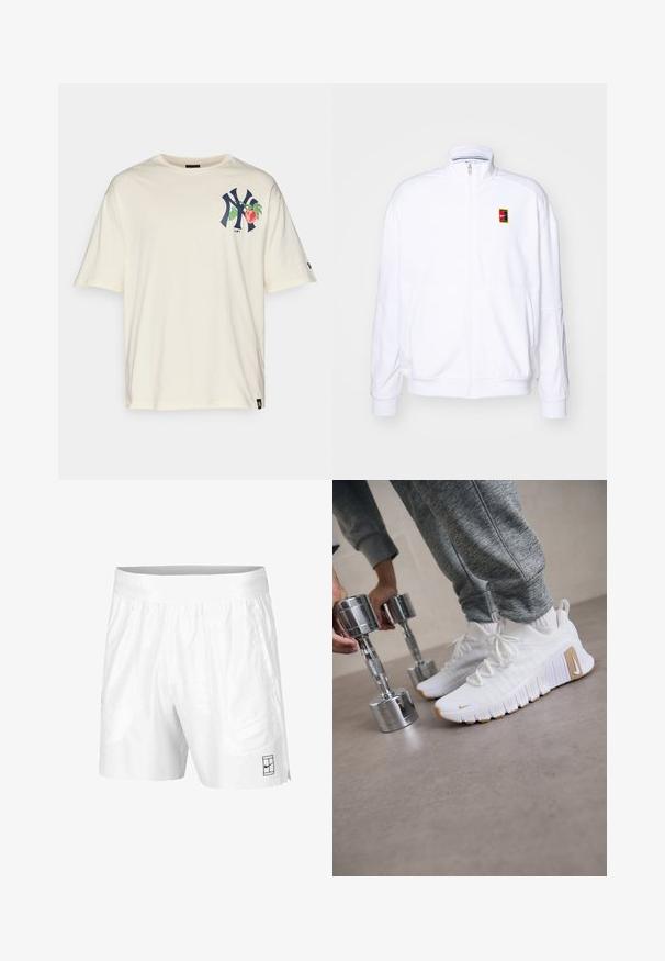 White zip-up sweatshirt made of soft fabric, featuring a high neck and a small multicolored Nike logo on the left chest.; Cream cotton t-shirt with short sleeves. Features a dark blue NY logo and a peach graphic on the left chest. Tag on the lower left side.; White athletic shorts made of lightweight fabric with an elastic waistband, featuring two side pockets and a small black logo on the hem.; White athletic shoes with textured upper, flat rubber sole, and light brown accents. Silver dumbbells in the foreground. Gray sweatpants visible.