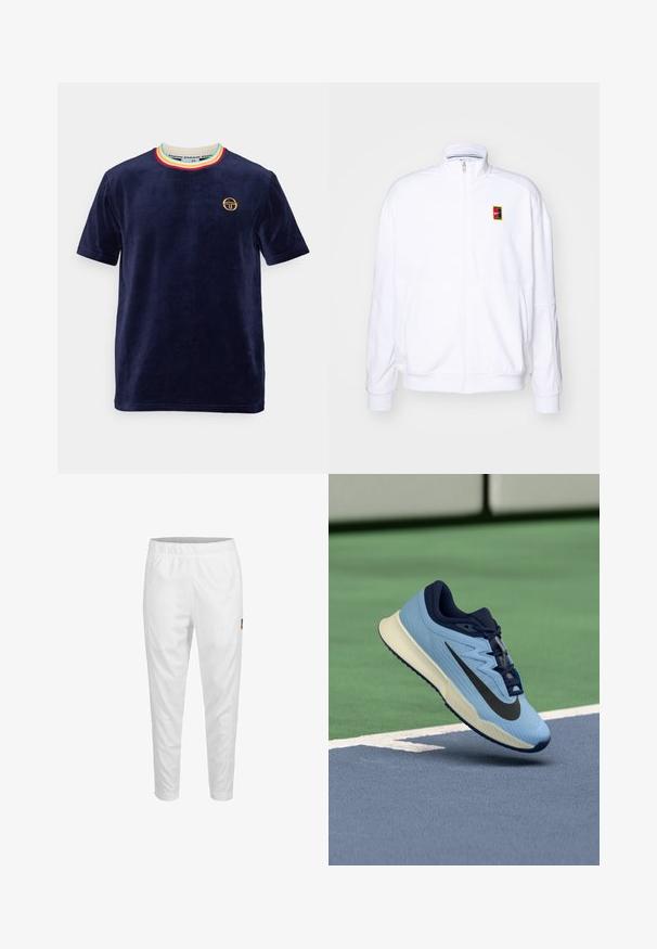 White zip-up sweatshirt made of soft fabric, featuring a high neck and a small multicolored Nike logo on the left chest.; Navy blue velour t-shirt with a ribbed, multicolored collar and an embroidered logo on the left chest. Short sleeves and a relaxed fit.; White athletic pants featuring an elastic waistband, tapered legs, and a small logo detail on the side. Smooth and lightweight fabric.; Light blue athletic shoe with navy accents, textured mesh upper, and black Swoosh logo. Features a cushioned midsole and rubber outsole.