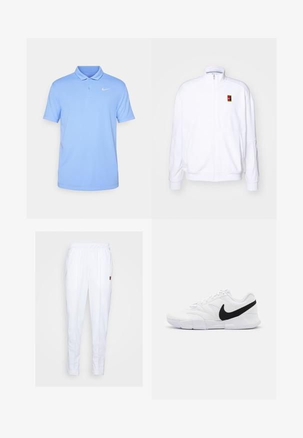 Sudadera blanca con cremallera hecha de una tela suave, con un cuello alto y un pequeño logotipo de Nike multicolor en el lado izquierdo del pecho.; Nike Performance NIKECOURT SOLID - Polo - royal pulse/white; Pantalones deportivos blancos con cintura elástica, que cuentan con bolsillos laterales y detalles de costura sutiles a lo largo de las piernas.; Zapatillas deportivas blancas con parte superior texturizada, logo de Nike en negro, cuello acolchado y suela de goma sólida con dibujo en patrón.
