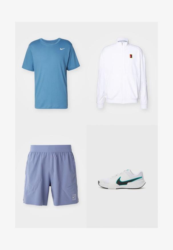 Sweatshirt branco com fecho zíper, feito de um tecido macio, com um gola alta e um pequeno logótipo multicolorido da Nike no lado esquerdo do peito.; Nike Performance TEE CREW SOLID - T-shirt desportiva - aegean storm; Calções de desporto azul claro com um cós elástico, dois bolsos laterais e um pequeno logótipo branco na parte inferior frontal direita. Textura suave.; Tênis atlético branco com parte superior em malha texturizada, solado de borracha preta e detalhe em swoosh Nike teal. Apresenta cadarços e colarinho acolchoado.