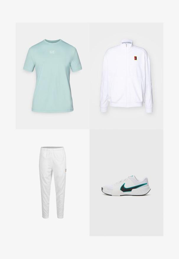 Biała bluza rozpinana wykonana z miękkiego materiału, z wysokim kołnierzem i małym, wielokolorowym logo Nike po lewej stronie klatki piersiowej.; Jasnoniebieska, krótkosleeva koszulka sportowa wykonana z tkaniny odprowadzającej wilgoć, z okrągłym dekoltem i małym białym logo na piersi.; Białe sportowe spodnie z elastycznym pasem, zwężanymi nogawkami i małym logo z boku. Gładki i lekki materiał.; Białe buty sportowe z teksturowaną siateczką, czarną gumową podeszwą i akcentem w kolorze turkusowym w kształcie logo Nike. Posiadają sznurowadła i wyściełany kołnierz.