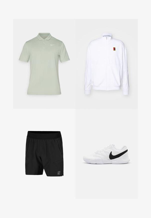 Hanorac alb cu fermoar, realizat dintr-un material moale, având guler înalt și un mic logo Nike multicolor pe partea stângă a pieptului.; Nike Performance NIKECOURT SOLID - Bluză polo - jade horizon/white; Șorturi negre dintr-un material ușor, cu un tiv elastic la talie, buzunare laterale și un logo alb în colțul din dreapta jos al frontului.; Pantofi sport albi cu un superior texturat, swoosh negru Nike, guler căptușit și o talpă din cauciuc solidă cu un model de profil.