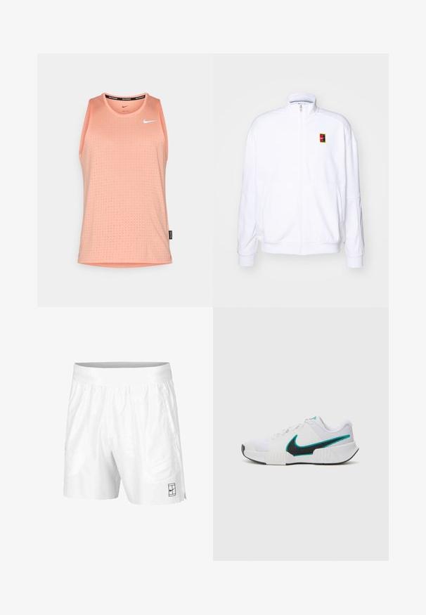 Bela zip-up dukserica iz mehkega materiala, s visokim ovratnikom in majhnim večbarvnim Nike logotipom na levem prsnem delu.; Breskven običajna majica iz lahkega materiala, z okroglo ovratnico, teksturirano vzorčasto površino in belim logotipom na prsih.; Bele športne kratke hlače iz lahkotnega materiala z elastičnim pasom, ki imajo dva stranska žepa in majhen črn logotip na robu.; Bela športna copata z teksturiranim mrežastim zgornjim delom, črnimi gumijastimi podplati in teal Nike simbolom kot poudarkom. Ima vezalke in oblazinjen ovratnik.