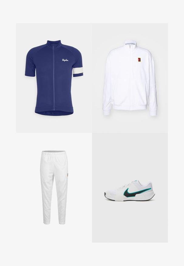 Hvit zip-up hettegenser laget av mykt stoff, med høy hals og en liten multicolor Nike-logo på venstre bryst.; Rapha MENS CORE LIGHTWEIGHT - Sykkeltrøyer - medieval blue/white alyssum; Hvite treningsbukser med elastisk liv, innsnevrede ben og en liten logodetalj på siden. Glatt og lett stoff.; Hvit atletisk sko med teksturert mesh-overdel, svart gummisåle og teal Nike swoosh-detalj. Har snøring og polstret krage.