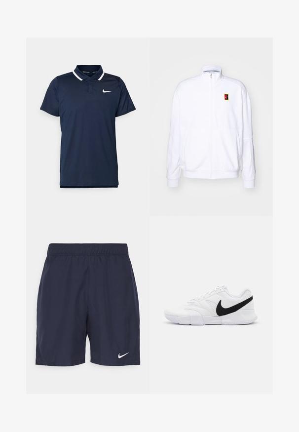 Witte ritsvest gemaakt van zachte stof, met een hoge kraag en een klein meerkleurig Nike-logo op de linkerborst.; Marineblauwe polo shirt van lichte stof, met een witte kraag en een klein wit logo op de linkerborst. Korte mouwen.; Marineblauwe sportshorts gemaakt van lichtgewicht stof, met een elastische tailleband en een klein wit Nike-logo op het linkerbeen.; Witte sportieve schoenen met een gestructureerde bovenkant, zwarte Nike swoosh, gewatteerde kraag en een solide rubberen buitenzool met een gepatternde profiel.