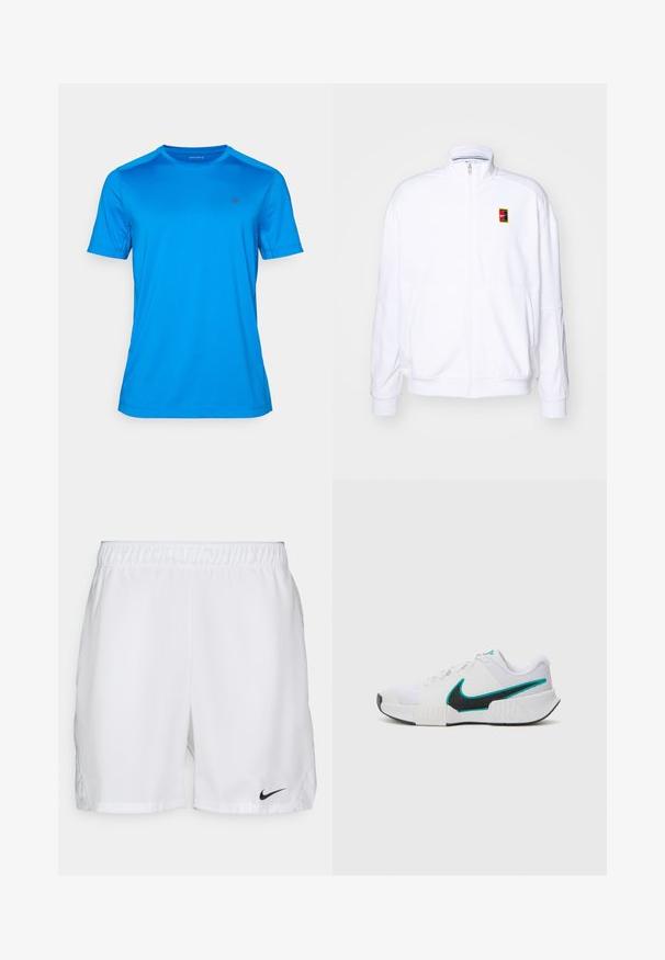 Balts ar rāvējslēdzēju džemperis, izgatavots no mīkstas auduma, ar augsto kaklu un mazu daudzkrāsainu Nike logotipu kreisajā krūtī.; Zila īsām piedurknēm sporta krekls, kas izgatavots no gludas auduma. Funkcionē ar apaļu kakla izgriezumu un nelielu logo uz krūšu zonas. Tīrs dizains, bez rakstiem.; Baltas sporta šortus ar elastīgu jostasvietu, uz kuriem apakšējā kreisajā stūrī ir melnā Nike swoosh logo. Gluda auduma virsma bez rakstiem.; Baltas sporta apavu modelis ar teksturētu sieta augšdaļu, melnu gumijas zoli un tīkkoka Nike swoosh akcentu. Ar pīkstienēm un mīkstu apkaklīti.