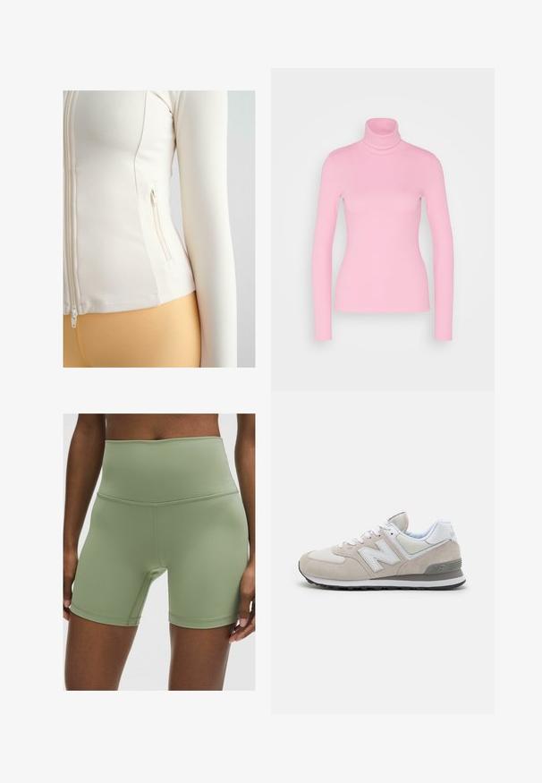 Chaqueta blanca ajustada con cremallera fabricada en material suave y elástico. Cuenta con un bolsillo lateral con cierre de cremallera y mangas largas.; Even&Odd Camiseta de manga larga - pink; Pantalones cortos de cintura alta en color verde oliva, confeccionados con una tela suave y elástica. Presentan costuras planas y un diseño ajustado para mayor comodidad y flexibilidad.; Zapatilla de color beige claro con material de ante y malla, con acentos blancos, cordones y una suela de goma negra. Logo de New Balance en el lateral.