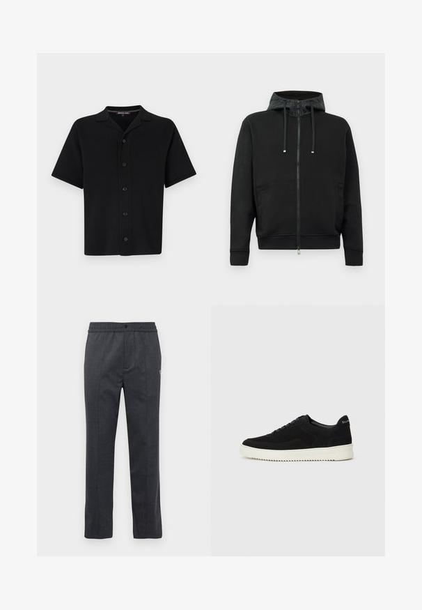 Musta vetoketjullinen huppari pehmeästä kankaasta. Sisältää kuvioidun hupun vuorin, narut ja sivutaskut. Sujuva tekstuuri, rento istuvuus.; Musta lyhythihainen napitettava paita, joka on valmistettu pehmeästä kankaasta. Siinä on kaulus ja kuusi etunappia, suora leikkaus ja ei näkyviä kuvioita.; Tummanharmaat suorat housut, joissa on joustava vyötärö, etunappi ja hienovarainen brodeeraus oikealla puolella.; Mustat mokkakengät nauhoilla ja kontrastivalkoisella kumipohjalla. Varustettu teksturoiduilla sivupaneeleilla ja huomaamattomalla brändäyksellä kantapäässä.