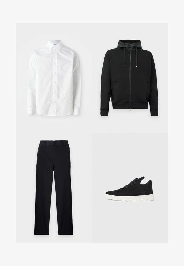 Zwarte rits hoodie van zacht materiaal. Voorzien van een gevoerde capuchon met patroon, trekkoorden en zijzakken. Gladde textuur, ruime pasvorm.; Witte lange mouwen shirt van soepele katoen met een subtiel gestippeld patroon, klassieke kraag, knoopsluiting aan de voorkant en ronde manchetten.; Zwarte broek van een lichtgewicht, gestructureerde stof, met een recht model, elastische Tailleband en zijzakken met rits.; Zwarte suède sneakers met een witte rubberen zool, voorzien van tonale stiksels en een vetersluiting. Glad oppervlak met een moderne, gestroomlijnde vorm.