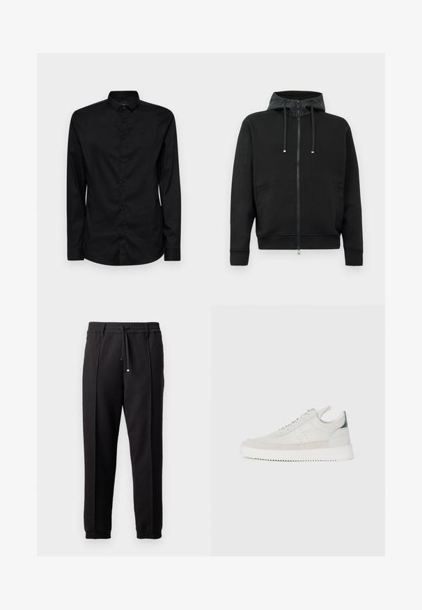 Črna zip-up kapuca, izdelana iz mehkega blaga. Ima vzorčeno podlogo kapuce, vrvico in stranske žepe. Ima gladko teksturo in sproščen kroj.; Črna srajca z dolgimi rokavi in gumbom, izdelana iz gladkega materiala, s klasičnim ovratnikom, sprednjimi gumbi in diskretnim logotipom nad levim prsnim delom.; Črne hlače z pasom, vrvico in elastičnimi manšeti. Imajo nabore in gladko teksturirano blago.; Beli usnjeni športni čeveljčki z sivo alkantaro, z vezalkami, z ježkom in teksturiranim gumijastim podplatom s cik-cak vzorcem.