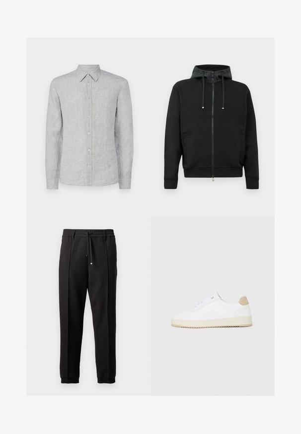 Corta-vento preto com fecho éclair feito de tecido macio. Apresenta um forro de capuz estampado, cordões e bolsos laterais. Textura suave, ajuste descontraído.; J.LINDEBERG SLIM MELANGE - Camisa - oil green; Calças pretas com uma cinta na cintura, cordão ajustável e punhos elásticos. Apresenta pregas e um tecido liso e texturizado.; Sapatilhas brancas de cano baixo com parte superior em couro texturizado, sola cream estriada e detalhe em tan no calcanhar. Apresenta atacadores brancos e detalhe do logótipo no calcanhar.