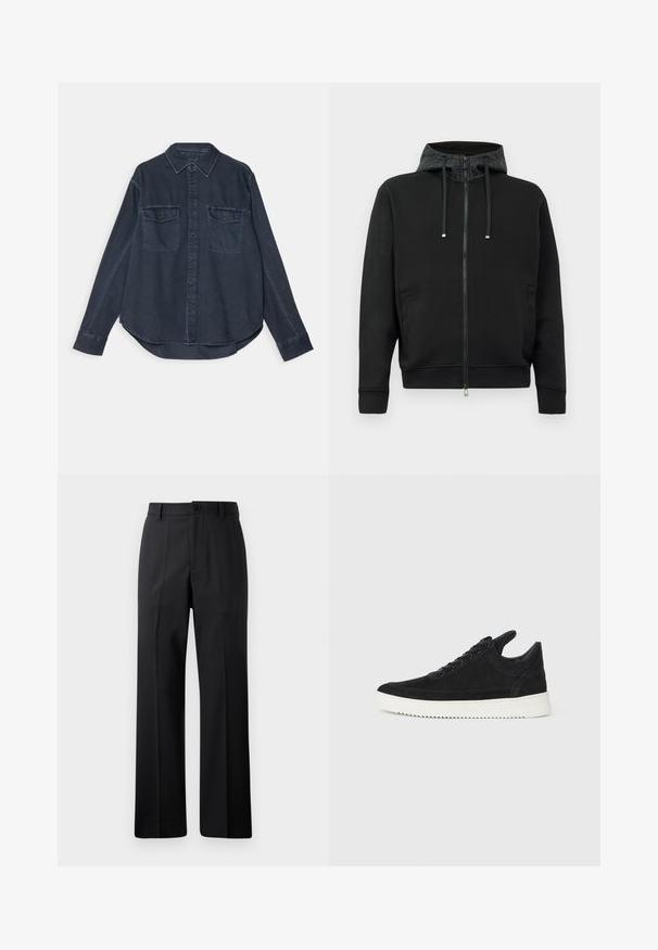 Μαύρο φούτερ με φερμουάρ φτιαγμένο από μαλακό ύφασμα. Διαθέτει επένδυση με σχέδιο στην κουκούλα, κορδόνια και πλαϊνές τσέπες. Λείο υλικό, άνετη εφαρμογή.; Σκούρο μπλε τζιν πουκάμισο με κουμπιά μπροστά, μυτερό γιακά, δύο τσέπες στο στήθος και μακριά μανίκια με κουμπωτές μανσέτες.; Μαύρο παντελόνι ίσιας γραμμής με ζώνη, μπροστινό κουμπί και φερμουάρ, εκτεθειμένο σε απλή λευκή φόντο.; Μαύρο σουέτ αθλητικό παπούτσι με λευκή καουτσούκ σόλα, με τόνο ραφές και σχέδιο με κορδόνια. Λείος υφή με μοντέρνα, αεροδυναμική γραμμή.