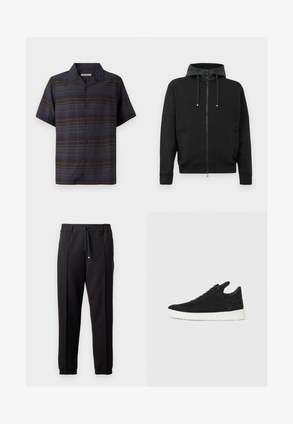 Fekete cipzáras kapucnis pulóver puha anyagból. Mintás kapucni bélés, zsinórok és oldalsó zsebek jellemzik. Simára fésült textúra, laza fazon.; Sötétkék és barna, függőleges csíkozású, rövid ujjú ing, gombos elülső résszel, hegyes gallérral és sima szövettextúrával.; Fekete nadrág derékpánttal, húzózsinórral és rugalmas mandzsettákkal. Jellemző rá a pliszírozás és a sima, textúrált anyag.; Fekete nubuk sportcipő fehér gumitalppal, tónusos varrással és fűzős kialakítással. Simák a textúrája, modern, letisztult formával rendelkezik.