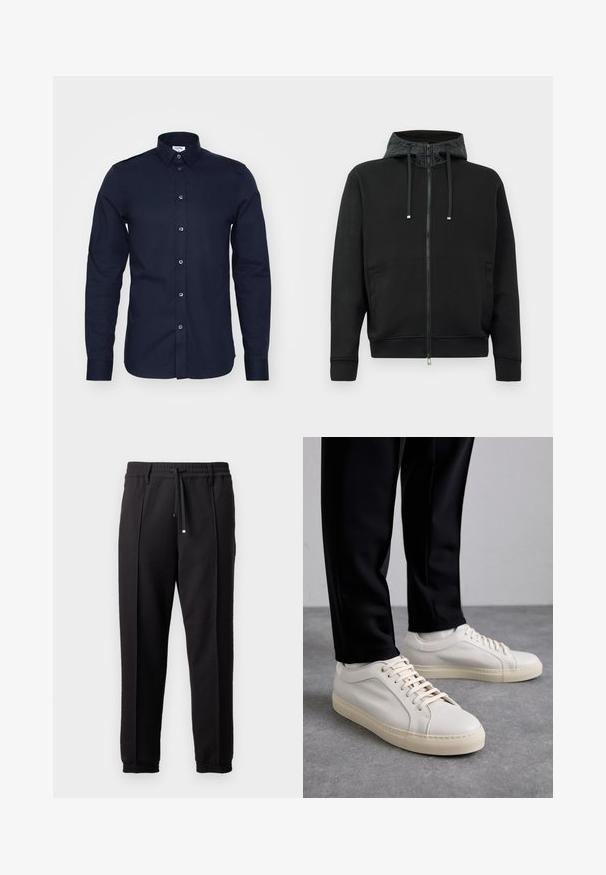 Juodas užtrauktukas megztinis, pagamintas iš minkštos medžiagos. Su raštuota kapučio pamušalu, raišteliais ir šoninėmis kišenėmis. Lygus paviršius, laisvas kirpimas.; Tamsiai mėlynas džinsinis marškiniai ilgomis rankovėmis, pagamintas iš medvilnės, su užtraukiamu apykakle ir mygtukais priekyje. Išsiskiria glotnia tekstūra ir struktūruotu siluetu.; Juodos kelnės su juosmeniu, raišteliu ir elastingais rankogaliais. Yra raukšlės ir lygus, tekstūruotas audinys.; Šviesūs smėlio spalvos odiniai sportbačiai su plokščiomis raišteliais, tekstūruotu paviršiumi ir kontrastinga kreminės spalvos gumine padu, derinami su juodomis siaurėjančiomis kelnėmis.