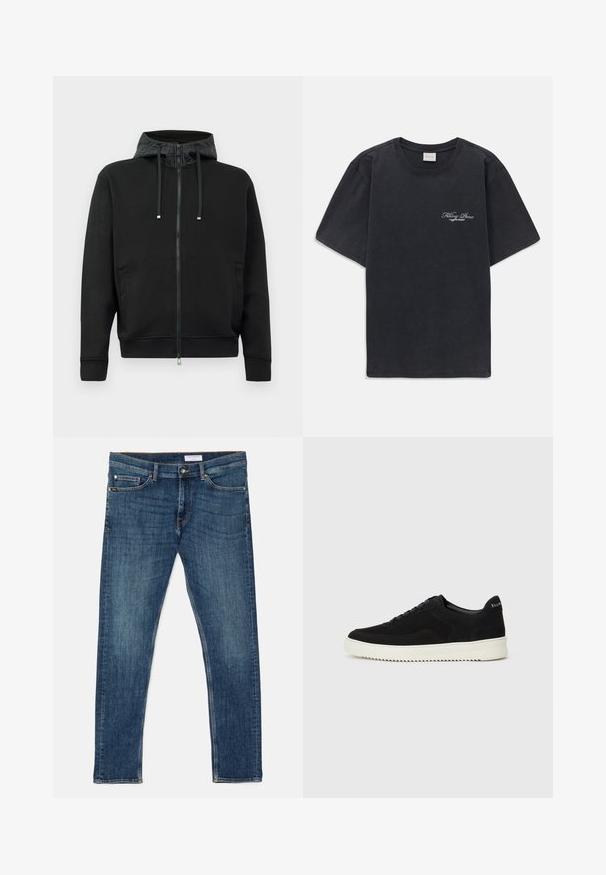 Hanorac cu fermoar negru, fabricat dintr-un material moale. Dispune de o căptușeală cu model pe glugă, șnururi de ajustare și buzunare laterale. Textură netedă, croială lejeră.; Tricou negru cu mânecă scurtă și gât rotund, având un mic logo alb "Filling Pieces" pe partea stângă a pieptului.; Blugi din denim de culoare bleumarin, cu croi slim, design clasic cu cinci buzunare, cusături vizibile și talie strânsă. Fără accesorii sau modele.; Adidași negri din suede cu design cu șireturi și talpă din cauciuc alb contrastant. Prezintă panouri laterale texturate și branding subtil pe toc.