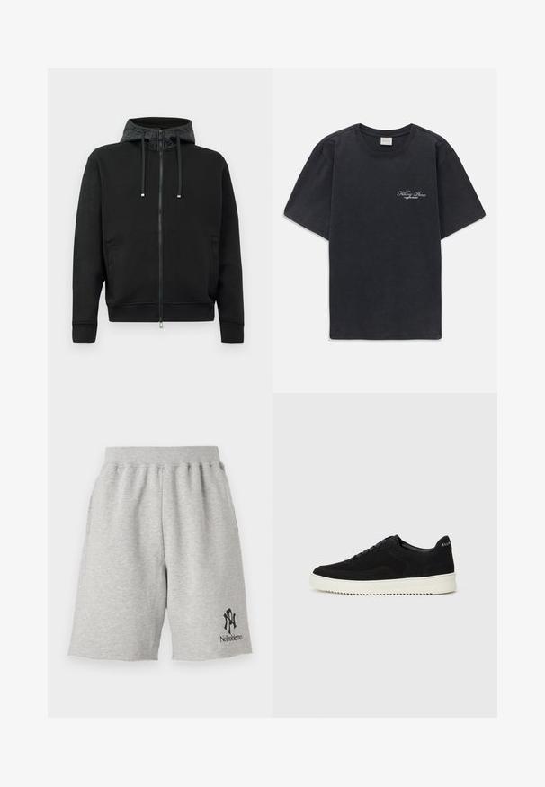 Zwarte rits hoodie van zacht materiaal. Voorzien van een gevoerde capuchon met patroon, trekkoorden en zijzakken. Gladde textuur, ruime pasvorm.; Zwarte korte mouwen crew neck t-shirt met klein wit "Filling Pieces" tekstlogo op de linkerborst.; Grijze katoen shorts met een elastische tailleband, voorzien van een zwart logo met de tekst "No Problemo" aan de onderlinke kant en onafgewerkte randen.; Zwarte suède sneakers met vetersluiting en contrasterende witte rubberen zool. Voorzien van textuurpanelen aan de zijkanten en subtiele branding op de hiel.