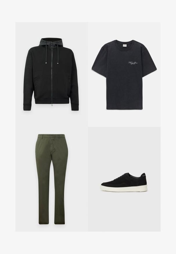 Juodas užtrauktukas megztinis, pagamintas iš minkštos medžiagos. Su raštuota kapučio pamušalu, raišteliais ir šoninėmis kišenėmis. Lygus paviršius, laisvas kirpimas.; Juodas trumpomis rankovėmis, apvaliu kaklu marškinėliai su mažu baltu "Filling Pieces" tekstiniu logotipu kairiajame krūtinės kampe.; Olivinės žalios tiesaus kirpimo kelnės su diržo kilpomis, priekiniais užtrauktukais ir mygtukų uždarymu, pateiktos ant vientisos baltos fono.; Juodos veliūrinės sportinės bateliai su raištelių dizainu ir kontrastinga balta gumine padais. Yra tekstūruoti šoniniai skydeliai ir subtilus logotipas ant kulno.