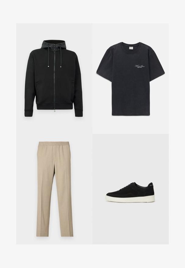 Juodas užtrauktukas megztinis, pagamintas iš minkštos medžiagos. Su raštuota kapučio pamušalu, raišteliais ir šoninėmis kišenėmis. Lygus paviršius, laisvas kirpimas.; Juodas trumpomis rankovėmis, apvaliu kaklu marškinėliai su mažu baltu "Filling Pieces" tekstiniu logotipu kairiajame krūtinės kampe.; Filippa K THEO - Kelnės - sage melange; Juodos veliūrinės sportinės bateliai su raištelių dizainu ir kontrastinga balta gumine padais. Yra tekstūruoti šoniniai skydeliai ir subtilus logotipas ant kulno.