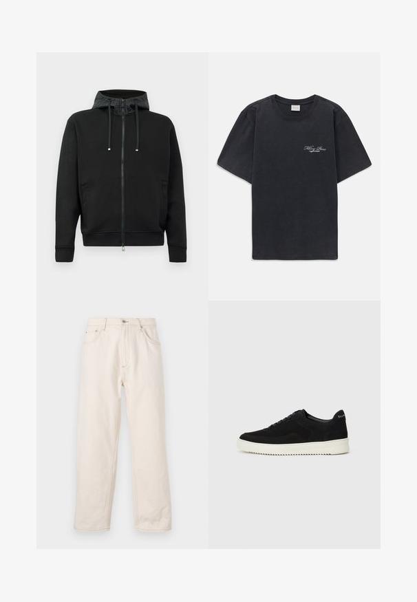 Haut à capuche zippé noir en tissu doux. Doté d'une doublure de capuche à motifs, de cordons de serrage et de poches latérales. Texture lisse, coupe décontractée.; T-shirt noir à manches courtes et col rond avec un petit logo « Filling Pieces » en blanc sur la poitrine gauche.; Jean droit beige en denim, avec une fermeture à boutons, cinq poches et des détails de couture visibles. Texture lisse.; Baskets en daim noir avec un design à lacets et une semelle en caoutchouc blanc contrastant. Comprend des panneaux latéraux texturés et un logo subtil sur le talon.