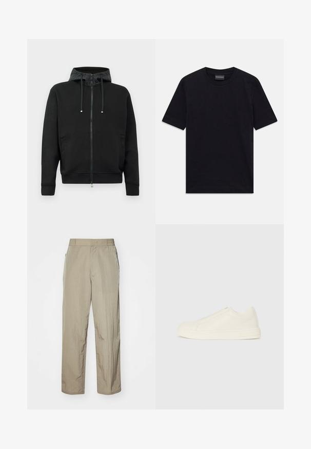 Črna zip-up kapuca, izdelana iz mehkega blaga. Ima vzorčeno podlogo kapuce, vrvico in stranske žepe. Ima gladko teksturo in sproščen kroj.; Črna kratka majica s kratkimi rokavi in okroglim izrezom z diskretnim embossanim vzorcem in oznako blagovne znamke znotraj ovratnika, razporejena na beli podlagi.; Beige lahki hlače s sproščenim krojem, z elastičnim pasom in stranskimi žepi. Tkanina izgleda teksturirano in nekoliko nagubano.; Nizki bež usnjeni superge s puščenim nosom, minimalnim šivanjem in stranskim zadrgo na bež ozadju.