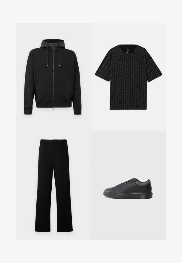 Corta-vento preto com fecho éclair feito de tecido macio. Apresenta um forro de capuz estampado, cordões e bolsos laterais. Textura suave, ajuste descontraído.; Camiseta preta com um padrão texturizado de logótipos 'A' alternados, mangas curtas e decote redondo. Feita de tecido leve.; Calças pretas em um design de perna reta, feitas de tecido de algodão, com fechamento por botão e bolsos, apresentando uma textura suave.; Sapatilha de couro preto com acabamento suave, bico arredondado e detalhes em cinza escuro. Apresenta um design de atacadores e sola de borracha texturizada.