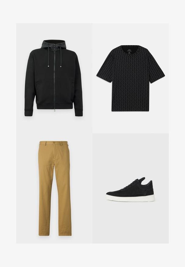 Zwarte rits hoodie van zacht materiaal. Voorzien van een gevoerde capuchon met patroon, trekkoorden en zijzakken. Gladde textuur, ruime pasvorm.; Zwarte T-shirt met een gestructureerd patroon van afwisselende 'A' logo's, korte mouwen en een ronde hals. Gemaakt van lichte stof.; Beige katoenen broeken met een rechte snit, voorzakken en een knoopsluiting. Gladde textuur en minimaal ontwerp, zonder zichtbare patronen.; Zwarte suède sneakers met een witte rubberen zool, voorzien van tonale stiksels en een vetersluiting. Glad oppervlak met een moderne, gestroomlijnde vorm.