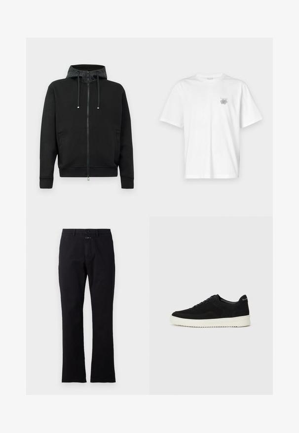 Czarna bluza z kapturem na zamek o miękkiej strukturze. Posiada wzorzystą podszewkę kaptura, sznurki i boczne kieszenie. Gładki materiał, luźny krój.; Biała koszulka z bawełny z krótkimi rękawami, okrągłym dekoltem i małym szarym logo po lewej stronie klatki piersiowej. Gładka tekstura.; Czarne bawełniane spodnie o prostym kroju, z zapięciem na guziki z przodu i dwoma bocznymi kieszeniami; gładka tekstura bez widocznych wzorów.; Czarne zamszowe sneakersy z designem na sznurówki i kontrastującą białą gumową podeszwą. Posiadają teksturowane boczne panele oraz subtelne logo na pięcie.