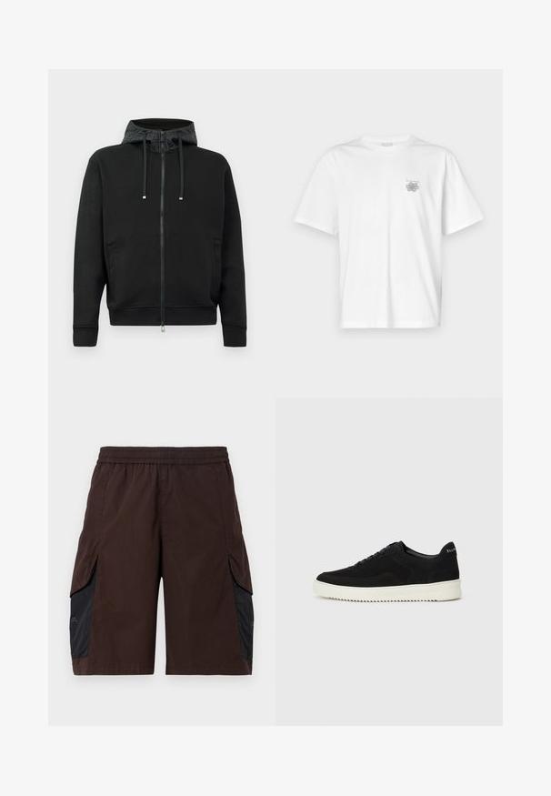 Crna zip-up dukserica od mekog materijala. Sadrži kapuljaču s uzorkom, šnalu za podešavanje i bočne džepove. Glatka tekstura, opušteni kroj.; Bijela majica od pamuka s kratkim rukavima, okruglim izrezom i malim sivim logotipom na lijevoj strani prsnog područja. Glatka tekstura.; Smeđe kratke hlače s elastičnom waistband-om, uz crne bočne panele i džepove s bočnim ulazom. Materijal izgleda lagano s glatkom teksturom.; Crne nubuk tenisice s vezanjem i kontrastnom bijelom gumenom potplatom. Imaju teksturirane bočne panele i suptilno brendiranje na peti.
