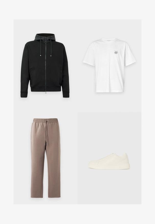 Svart zip-up hettegenser laget av mykt stoff. Har et mønstrete fôr i hetten, snorer og sidelommer. Glatt tekstur, avslappet passform.; Hvit T-skjorte laget av bomull, med korte ermer, rund hals og en liten grå logo på venstre brystområde. Smooth tekstur.; Brune, middelsvære joggebukser laget av myk stoff, med elastisk midjebånd og snor, sidelommer og rette ben.; Lave topp beige lær sneakers med rund tå, minimal søm og glidelås på siden, på en hvit bakgrunn.