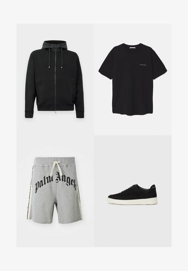 Svart zip-up hettegenser laget av mykt stoff. Har et mønstrete fôr i hetten, snorer og sidelommer. Glatt tekstur, avslappet passform.; Svart bomull T-skjorte med rund hals, korte ermer, og hvit logo trykk på venstre bryst. Enkel, ensfarget design.; Lys grå casual shorts med kremfarget snor, svarte og kremfargede sidestriper, og stor svart "palm angels" tekst over fronten.; Svart semsket sneakers med snøring og kontrasterende hvit gummisåle. Har teksturerte sidepaneler og subtil merkevare på hælen.