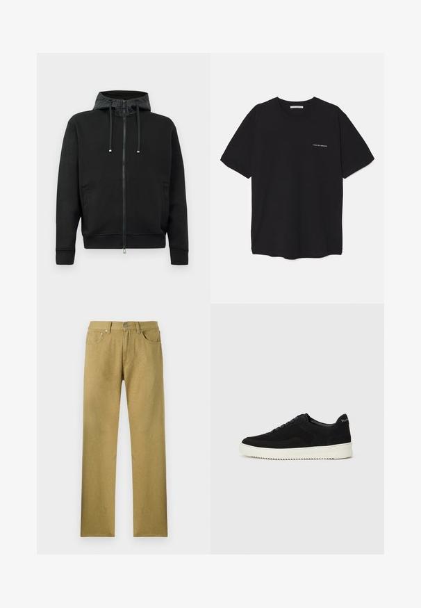 Schwarze Reißverschluss-Hoodie aus weichem Stoff. Mit einem gemusterten Futter in der Kapuze, Kordeln und Seitentaschen. Glatte Textur, lockere Passform.; Schwarzes Baumwoll-T-Shirt mit Rundhalsausschnitt, kurzen Ärmeln und weißem Logodruck auf der linken Brust. Einfaches, einfarbiges Design.; Olivgrüne, gerade geschnittene Hose mit vorderen Taschen, einem Knopfverschluss und einem dezenten strukturierten Muster über dem Stoff.; Schwarze Wildleder-Sneaker mit Schnürdesign und kontrastierender weißer Gummisohle. Verfügt über strukturierte Seitenpaneele und dezentes Branding an der Ferse.