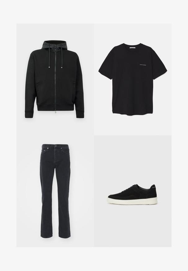 Must musta tõmblukuga kapuutsiga, mis on valmistatud pehmest kangast. Omab mustrilist kapuutsi voodrit, tõmblukke ja küljetaskut. Sujuv tekstuur, vabalt langev lõige.; Must musta T-särk, ümar kaelus, lühikesed varrukad ja valge logo trükk vasakul rinnal. Lihtne, ühtlane värvitoon.; Mustad denimist valmistatud sirge säärega teksad, mis sisaldavad viit taskut ja nööbiga kinnitust. Kude on õrnalt tekstuuritud ja vastupidav.; Mustad suede jooksujalatsid, millel on paelad ja kontrastne valge kummitald. Omab tekstuuriga külgpaneele ja tagasihoidlikku brändimist kandadel.