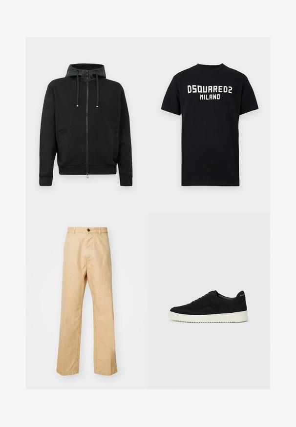 Felpa nera con zip realizzata in tessuto morbido. Presenta una fodera con motivo nel cappuccio, cordini e tasche laterali. Texture liscia, vestibilità comoda.; T-shirt nera a maniche corte con testo bianco "DSQUARED2 MILANO" centrato sul petto, collo rotondo e orlo dritto.; Chinos khaki con vestibilità dritta, realizzati in tessuto di cotone, dotati di chiusura frontale con bottone e passanti per cintura. Texture liscia, senza motivo.; Sneaker in suede nero con design con lacci e suola in gomma bianca a contrasto. Presenta pannelli laterali testurizzati e un marchio discreto sul tallone.