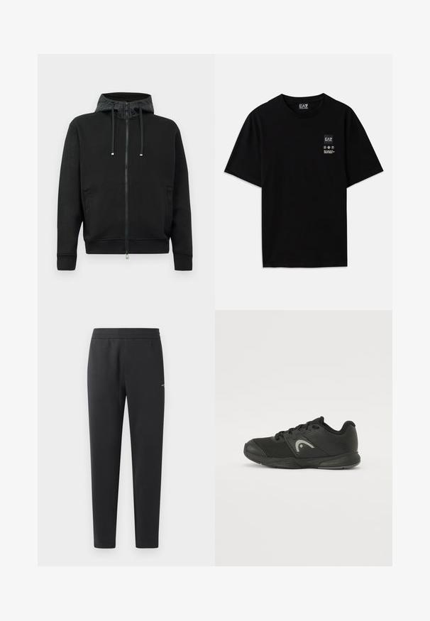 Hanorac cu fermoar negru, fabricat dintr-un material moale. Dispune de o căptușeală cu model pe glugă, șnururi de ajustare și buzunare laterale. Textură netedă, croială lejeră.; Tricou negru din bumbac, cu mâneci scurte, guler rotund și un mic eticheta cu logo pe față, având simboluri de îngrijire în alb.; Pantaloni de jogger negri, confecționați dintr-un material moale, cu un brâu elastic, picioare drepte și un detaliu mic cu logo pe lateral.; Pantofii sport negri, realizați dintr-un material de plasă și materiale sintetice, având un design texturat, talpă din cauciuc și un logo distinctiv de culoare gri.
