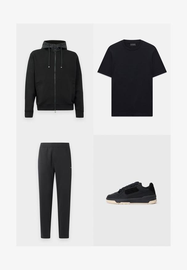 Svart zip-up hettegenser laget av mykt stoff. Har et mønstrete fôr i hetten, snorer og sidelommer. Glatt tekstur, avslappet passform.; Svart kortermet T-skjorte med rund hals og subtil preget logo-design sentrert på brystet, samt et merke inne i halsen.; Sorte joggebukser laget av myk stoff, med elastisk midjebånd, rette ben og en liten logo detalj på siden.; Svart lavt snøresko med tykk beige såle, paneler av semsket skinn og lær, og runde svarte lisser, vist i venstre sideprofil.