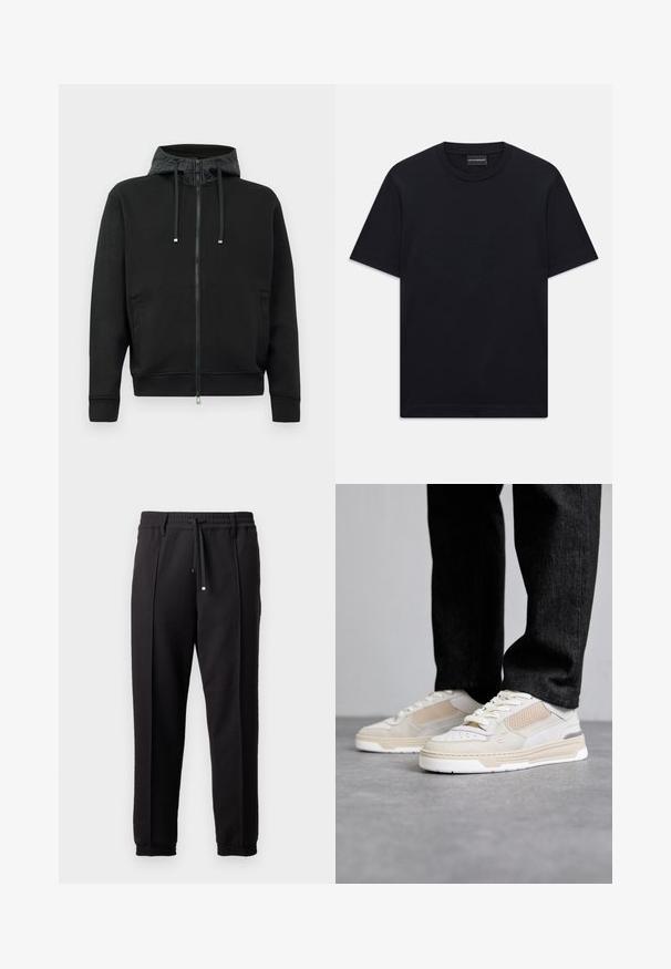 Zwarte rits hoodie van zacht materiaal. Voorzien van een gevoerde capuchon met patroon, trekkoorden en zijzakken. Gladde textuur, ruime pasvorm.; Zwart T-shirt met korte mouwen en ronde hals, met een subtiele, geperste logoontwerp in het midden van de borst en een merklabel aan de binnenkant van de kraag.; Zwarte broeken met een tailleband, koord en elastische boorden. Heeft plooien en een gladde, gestructureerde stof.; Filling Pieces CRUISER CRUMBS - Sneakers laag - white