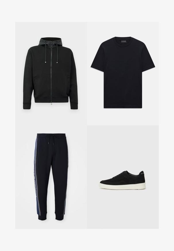 Svart zip-up hettegenser laget av mykt stoff. Har et mønstrete fôr i hetten, snorer og sidelommer. Glatt tekstur, avslappet passform.; Svart kortermet T-skjorte med rund hals og subtil preget logo-design sentrert på brystet, samt et merke inne i halsen.; Sorte joggebukser med blå sidestiper, elastisk liv med snor, sidelommer og ribbestrikkede ankelmansjetter.; Svart semsket sneakers med snøring og kontrasterende hvit gummisåle. Har teksturerte sidepaneler og subtil merkevare på hælen.