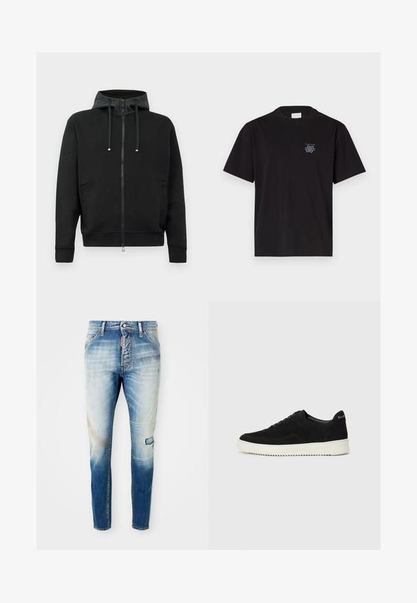 Zwarte rits hoodie van zacht materiaal. Voorzien van een gevoerde capuchon met patroon, trekkoorden en zijzakken. Gladde textuur, ruime pasvorm.; Zwarte katoenen T-shirt met een ronde hals en korte mouwen. Heeft een klein blauw logo op de linkerkant van de borst. Eenvoudig, recht gesneden ontwerp.; Lichtblauwe vervaagde skinny jeans met een klein scheurtje op de rechterdij en een rode merklabel nabij de voorkant van de rits.; Zwarte suède sneakers met vetersluiting en contrasterende witte rubberen zool. Voorzien van textuurpanelen aan de zijkanten en subtiele branding op de hiel.