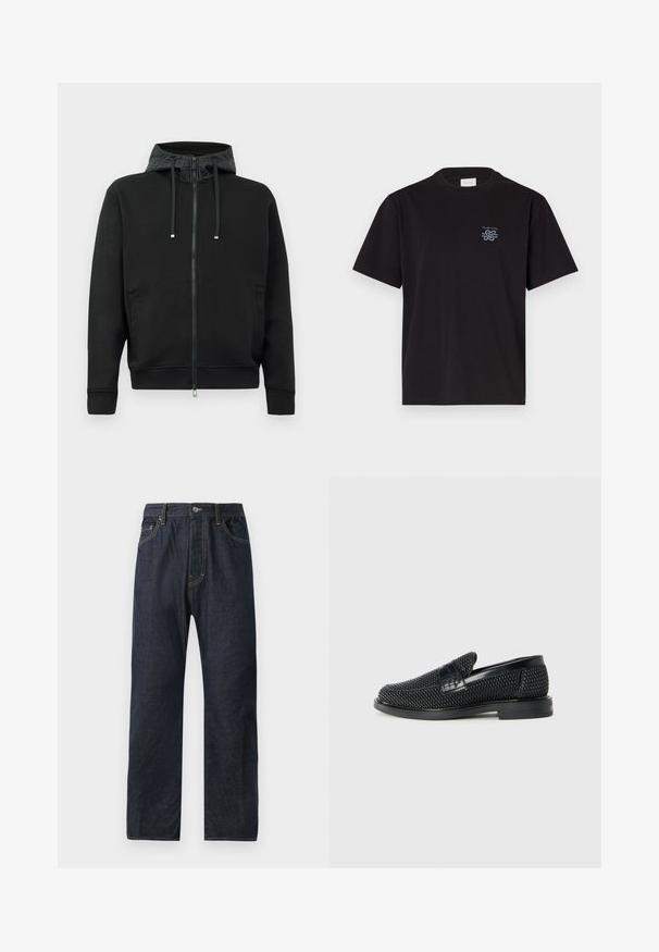 Must musta tõmblukuga kapuutsiga, mis on valmistatud pehmest kangast. Omab mustrilist kapuutsi voodrit, tõmblukke ja küljetaskut. Sujuv tekstuur, vabalt langev lõige.; Must mustaga T-särk, millel on ümar kaelus ja lühikesed varrukad. Vasakul rinnal on väike sinine logo. Lihtne, sirge lõikega disain.; Tumed sinilised denim püksid sirge sääre lõikega, millel on viis taskut, peenetel õmblustel ja nööbilukuga vöökoht.; Must musta kootud slip-on king, millel on pehme nahast accent ülaserval, ümmargune varvas ja madal profiiliga kummitald.